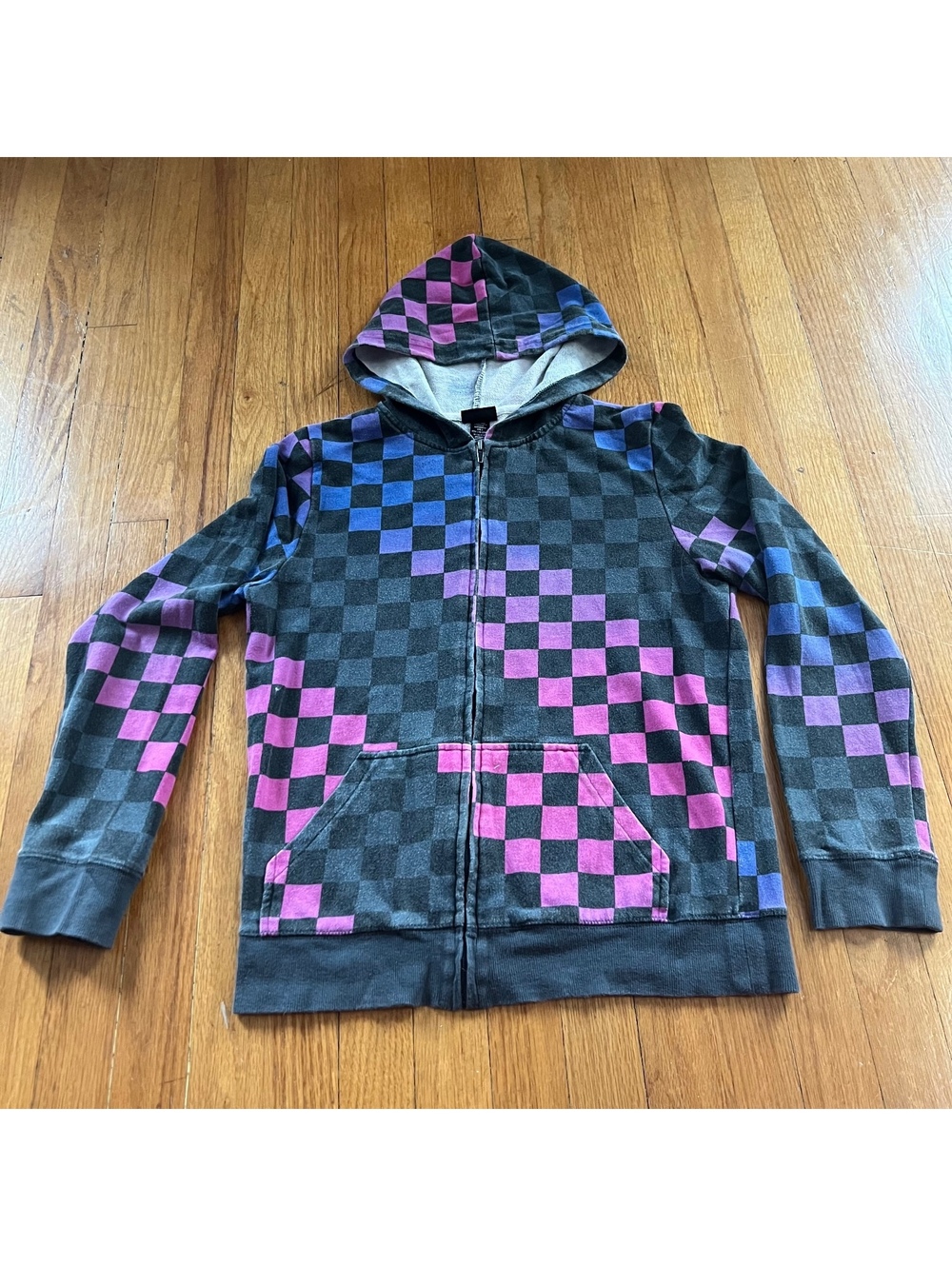 Vintage y2k scene core checkered ombré print zip up hoodie